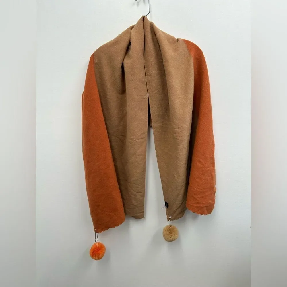 Studio Hop London Orange & Peach Color Block Angora Blend Scarf Pom Poms